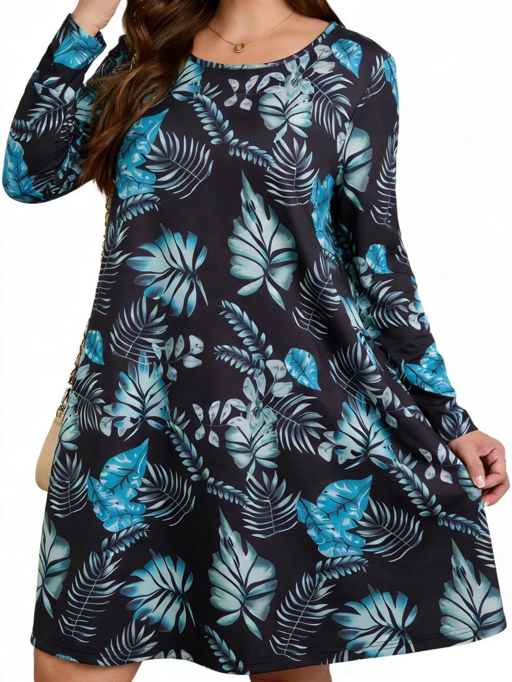 BLANCHESy Womens Dress 3XL Black Blue Tropical Print Long Sleeve Pockets A Line